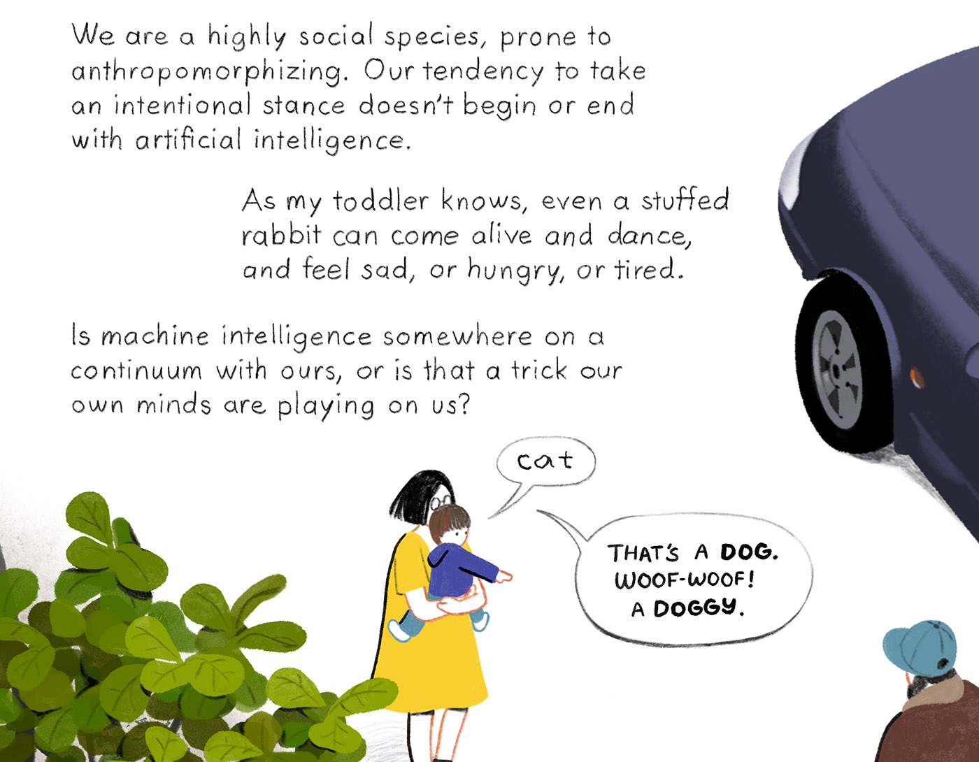 A mother and child encounter a neighbor with a dog.